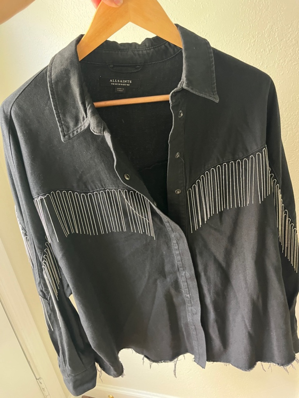 AllSaints Black Fringe-Embellished Button-Up Shirt